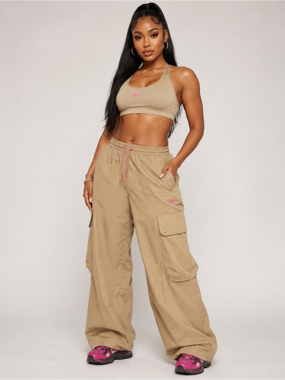 Nike Beige Wide-Leg Cargo Pants with Pink Accents